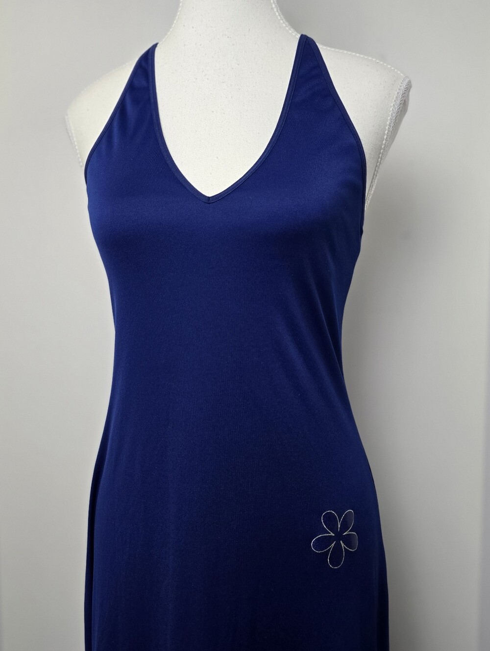 Vintage La Senza Blue Halter Maxi Dress Side Slit V-Neck Size M Romantic Chic - Picture 4 of 9